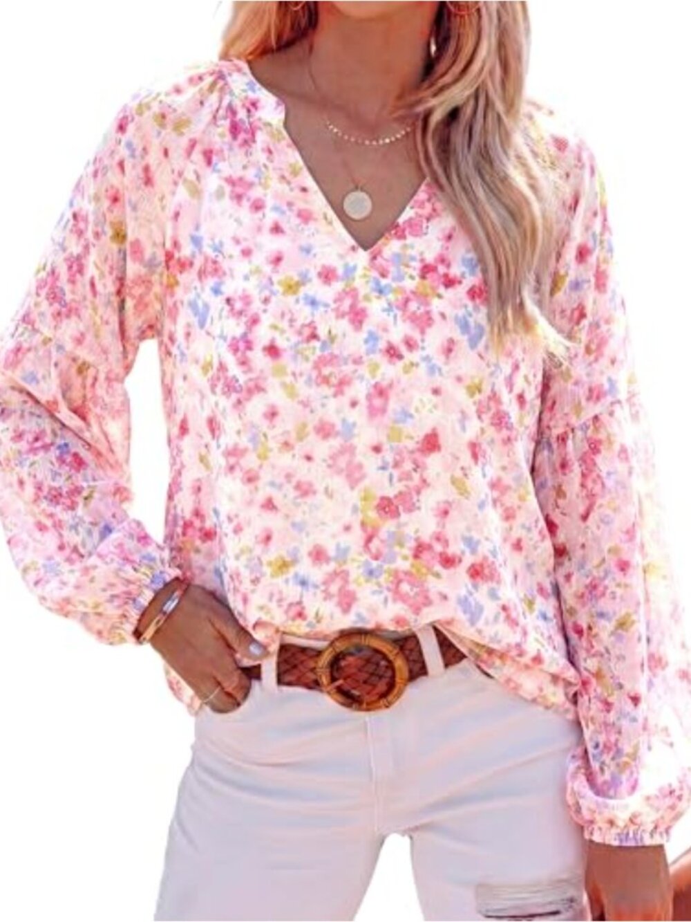 Flutter Long Sleeve V Neck Loose Floral Chiffon Blouse Tunic Top